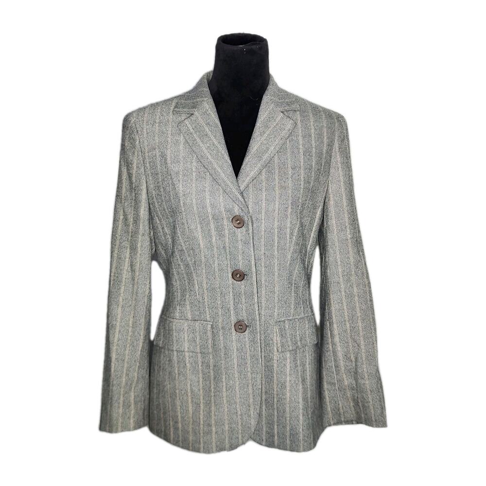 Caractere Women's Gray Pinstripe Wool Blend Smart Business Blazer Jacket Size 10